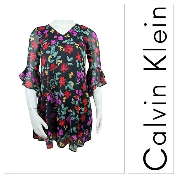 Calvin Klein black floral print dress with ruffle sleeves size 4 - Picture 1 of 10